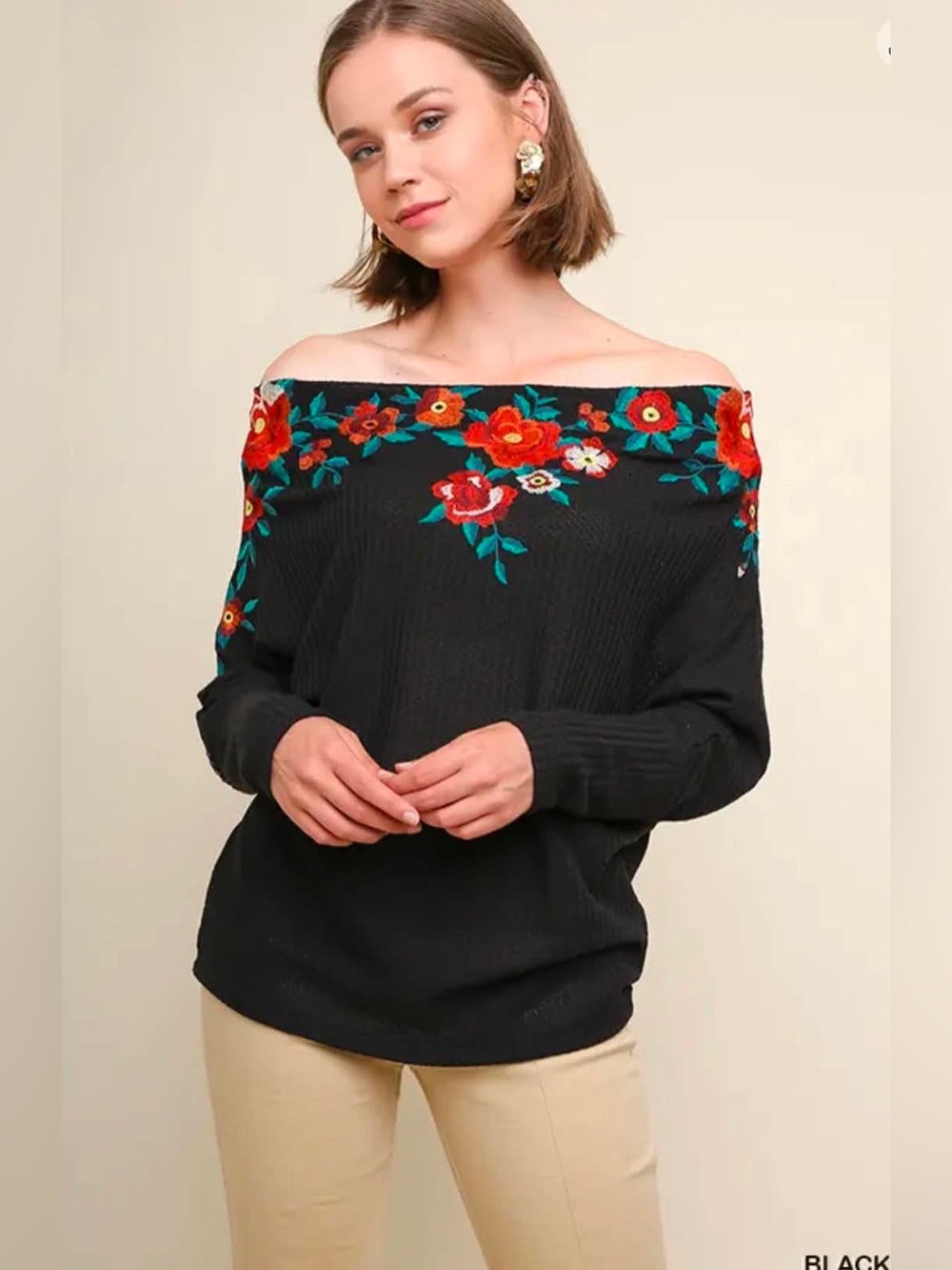 Umgee Black Off-The-Shoulder Floral Embroidered Knit Top Sweater